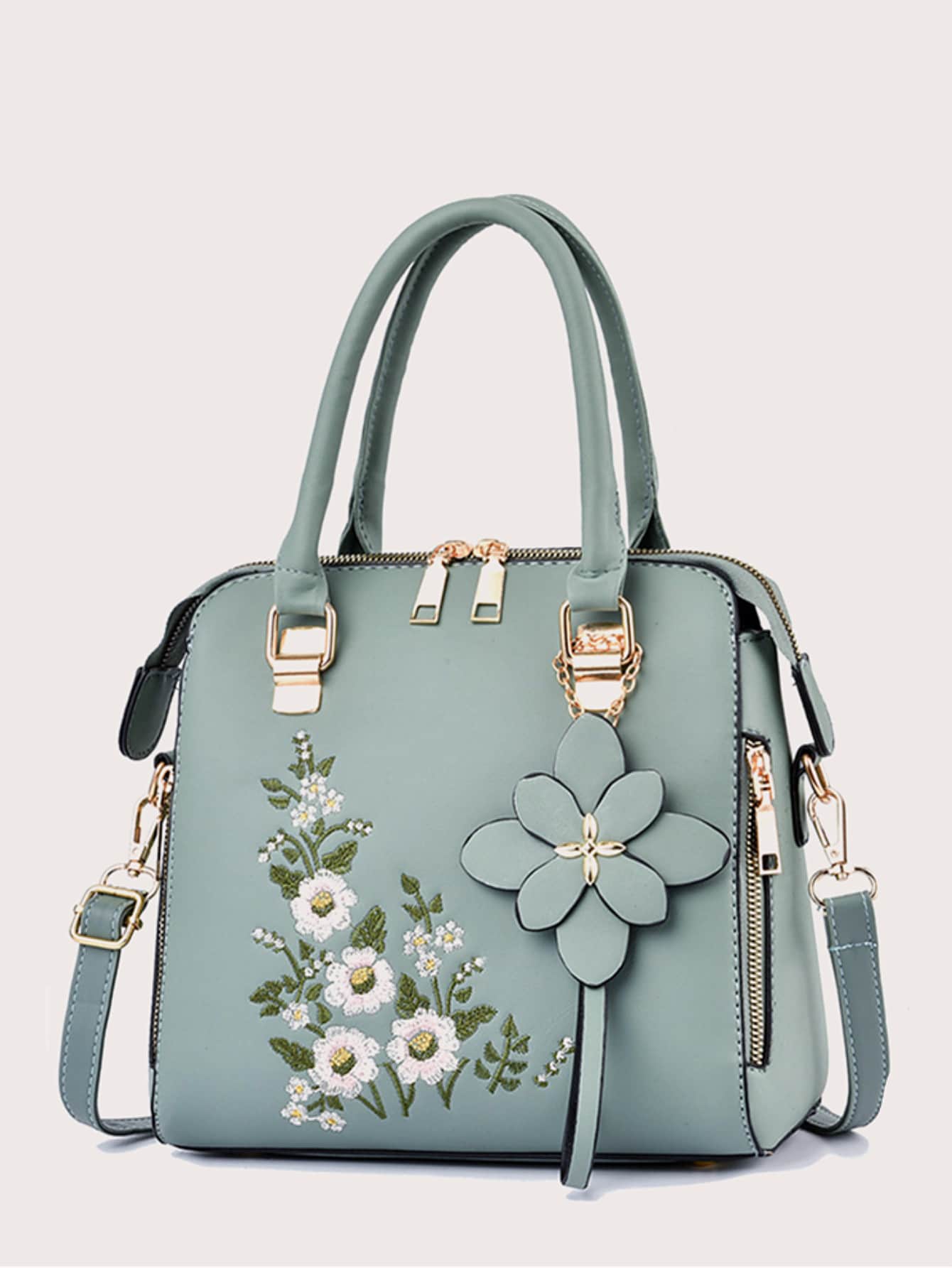 Yogodlns Elegant Old Money Large Capacity, Lightweight, Portable Casual, Fashion Elegant Floral Pattern Handbag, Women's Fashion Artificial Leather Shoulder Bag, Double Handle Purse Floral Embroidery Square Bag With Floral Bag Charm, Mother's Day Gift For Mom For Girls, Women, College Students, Rookies & White-Collar Workers For Fall, Winter Essential, For Work, Office, Commute, College, For Autumn & Winter, Outdoors Women's Elegant Embroidered Tote Bag, Faux Leather Satchel Bag, Classic Zipper Shoulder BagBusiness Casual,Classic,CasualPerfect For Office,Work ,Business,Commute - Mint Green - View 1