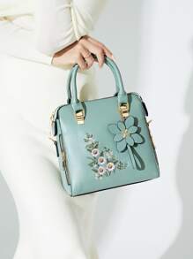 Yogodlns Elegant Old Money Large Capacity, Lightweight, Portable Casual, Fashion Elegant Floral Pattern Handbag, Women's Fashion Artificial Leather Shoulder Bag, Double Handle Purse Floral Embroidery Square Bag With Floral Bag Charm, Mother's Day Gift For Mom For Girls, Women, College Students, Rookies & White-Collar Workers For Fall, Winter Essential, For Work, Office, Commute, College, For Autumn & Winter, Outdoors Women's Elegant Embroidered Tote Bag, Faux Leather Satchel Bag, Classic Zipper Shoulder BagBusiness Casual,Classic,CasualPerfect For Office,Work ,Business,Commute - Mint Green - View 2
