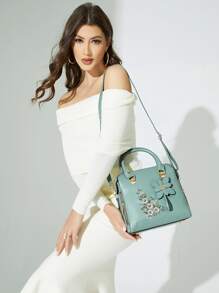 Yogodlns Elegant Old Money Large Capacity, Lightweight, Portable Casual, Fashion Elegant Floral Pattern Handbag, Women's Fashion Artificial Leather Shoulder Bag, Double Handle Purse Floral Embroidery Square Bag With Floral Bag Charm, Mother's Day Gift For Mom For Girls, Women, College Students, Rookies & White-Collar Workers For Fall, Winter Essential, For Work, Office, Commute, College, For Autumn & Winter, Outdoors Women's Elegant Embroidered Tote Bag, Faux Leather Satchel Bag, Classic Zipper Shoulder BagBusiness Casual,Classic,CasualPerfect For Office,Work ,Business,Commute - Mint Green - View 3