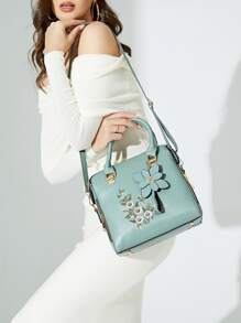 Yogodlns Elegant Old Money Large Capacity, Lightweight, Portable Casual, Fashion Elegant Floral Pattern Handbag, Women's Fashion Artificial Leather Shoulder Bag, Double Handle Purse Floral Embroidery Square Bag With Floral Bag Charm, Mother's Day Gift For Mom For Girls, Women, College Students, Rookies & White-Collar Workers For Fall, Winter Essential, For Work, Office, Commute, College, For Autumn & Winter, Outdoors Women's Elegant Embroidered Tote Bag, Faux Leather Satchel Bag, Classic Zipper Shoulder BagBusiness Casual,Classic,CasualPerfect For Office,Work ,Business,Commute - Mint Green - View 4