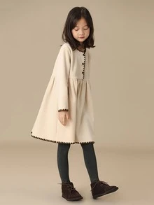 Đầm bé gái Nút phía trước màu trơn Dễ thương - Màu be - Xem 3