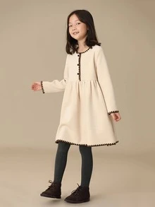 Đầm bé gái Nút phía trước màu trơn Dễ thương - Màu be - Xem 4