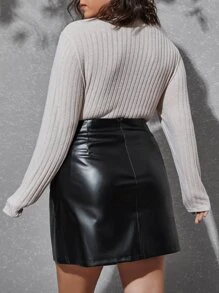 SHEIN Privé Plus High Waist Split Hem PU Leather Skirt - Black - View 2