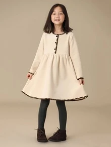 Đầm bé gái Nút phía trước màu trơn Dễ thương - Màu be - Xem 5