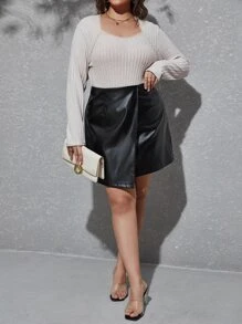 SHEIN Privé Plus High Waist Split Hem PU Leather Skirt - Black - View 6