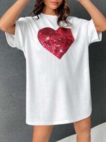 SHEIN Qutie Heart Sequin Drop Shoulder Tee Dress - White - View 1