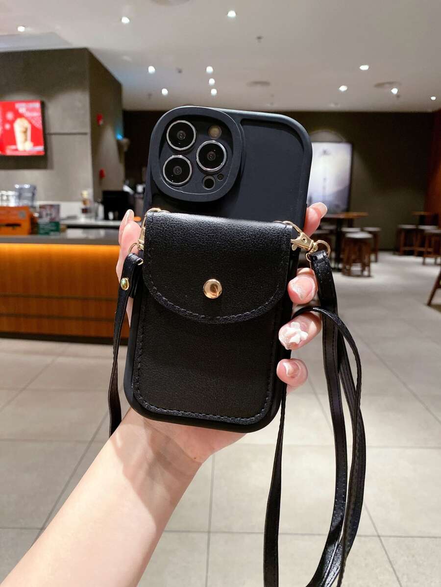 Plain Phone Case With Lanyard & Card Bag - Black - View 1