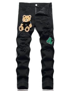 Men Cartoon & Letter Patched Ripped Jeans - Black - View 1