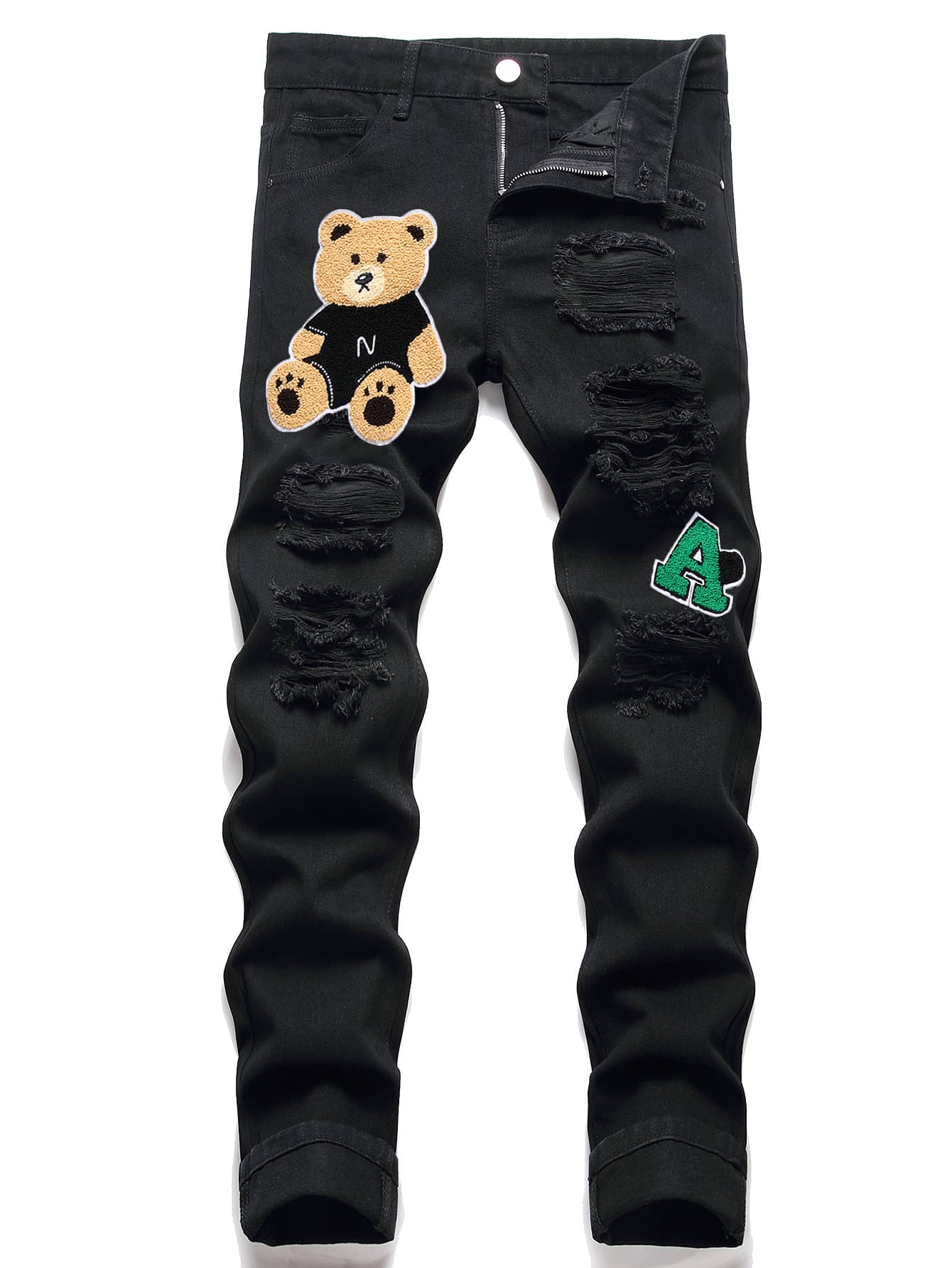 Men Cartoon & Letter Patched Ripped Jeans - Black - View 1