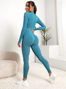 SHEIN Yoga Trendy Leopard Print Tummy Control Sports Set - Mint Blue - View 2