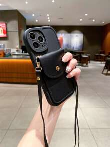 Plain Phone Case With Lanyard & Card Bag - Black - View 5