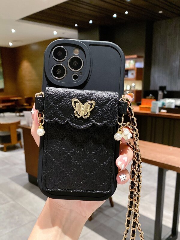 Diamant geruite kaarthouder crossbody telefoonhoes voor dames, schokbestendige zachte beschermhoes compatibel met Apple IPhones