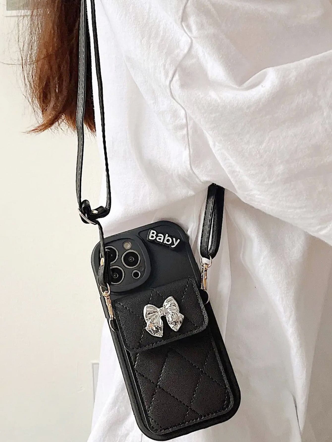 Ốp điện thoại họa tiết kim cương có khe cắm thẻ, ví và dây buộc, vỏ bảo vệ iPhone thiết kế mới - màu đen - Xem 1