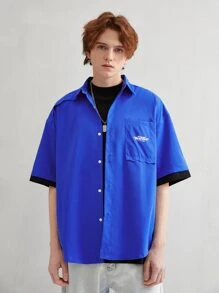 Áo sơ mi Nam Nút phía trước Slogan Giải trí - Màu xanh lam - Xem 2