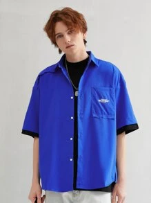 Áo sơ mi Nam Nút phía trước Slogan Giải trí - Màu xanh lam - Xem 4