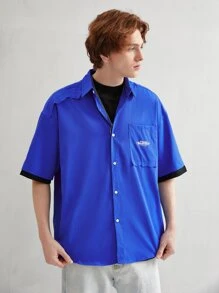 Áo sơ mi Nam Nút phía trước Slogan Giải trí - Màu xanh lam - Xem 5