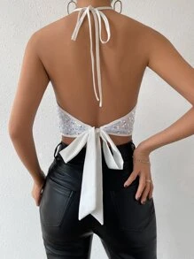 Allurite Áo hai dây Lộ Lưng ghép mộng kim sa Buộc lại màu trơn Buổi tiệc - trắng - Xem 2