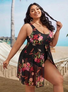SHEIN Swim Curve Bañador una pieza con estampado floral con abertura delantera - Negro - Ver 1