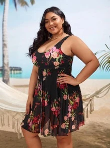 SHEIN Swim Curve Bañador una pieza con estampado floral con abertura delantera - Negro - Ver 3