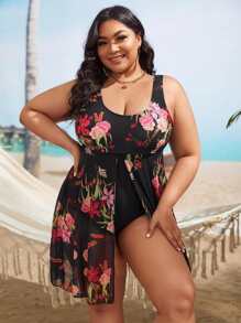 SHEIN Swim Curve Bañador una pieza con estampado floral con abertura delantera - Negro - Ver 4