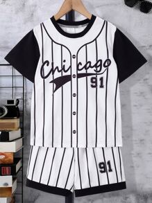 SHEIN Tween Boy Striped & Letter Graphic Tee & Shorts - Black and White - View 1