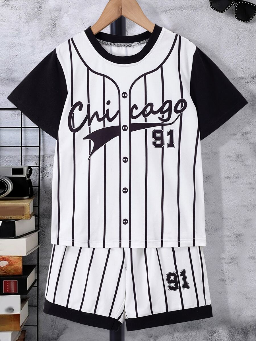 SHEIN Tween Boy Striped & Letter Graphic Tee & Shorts - Black and White - View 1