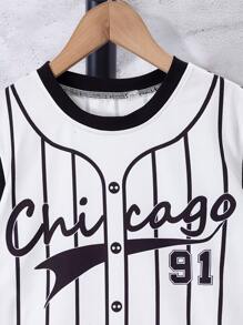 SHEIN Tween Boy Striped & Letter Graphic Tee & Shorts - Black and White - View 3