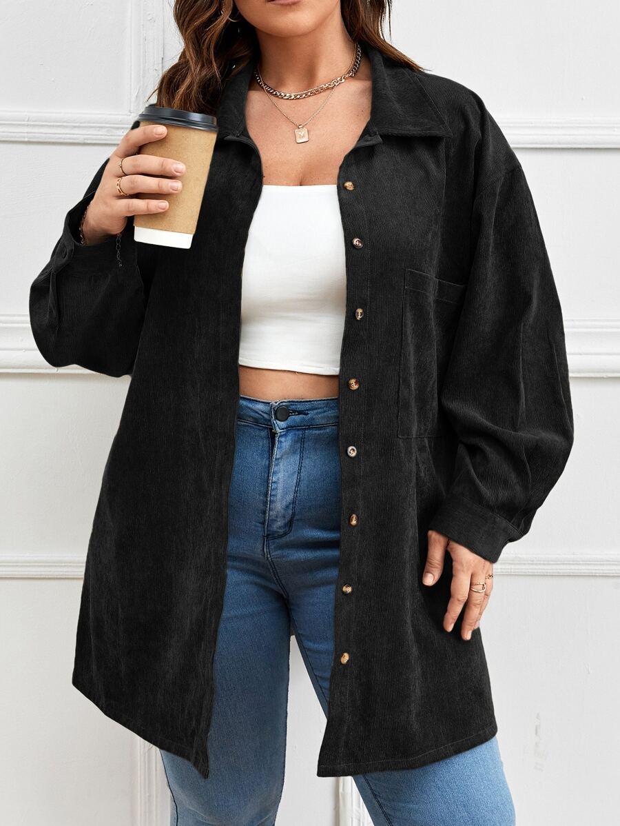 Calvaya Plus Drop Shoulder Button Up Pocket Patched Shirt - Black - View 1