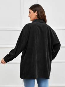 Calvaya Plus Drop Shoulder Button Up Pocket Patched Shirt - Black - View 2