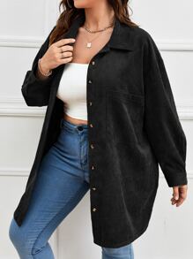 Calvaya Plus Drop Shoulder Button Up Pocket Patched Shirt - Black - View 3