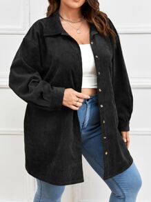 Calvaya Plus Drop Shoulder Button Up Pocket Patched Shirt - Black - View 4