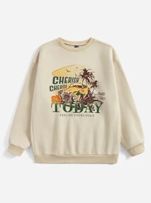 SHEIN EZwear Bikercore Letter & Palm Tree Print Drop Shoulder Pullover - Apricot - View 3