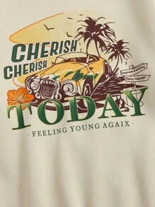 SHEIN EZwear Bikercore Letter & Palm Tree Print Drop Shoulder Pullover - Apricot - View 5