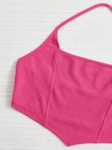 SHEIN EZwear Plus Tie Backless Bandana Hem Crop Halter Top - Hot Pink - View 5