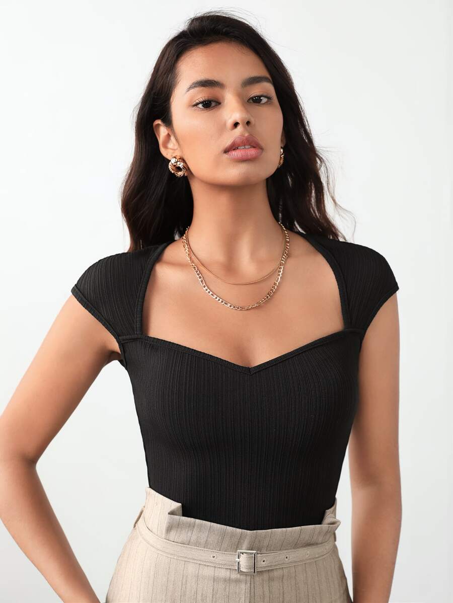 SHEIN BIZwear Cap Sleeve Rib-knit Tee Workwear - Black - View 1