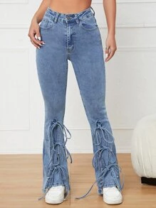 Lace Up Front Flare Leg Jeans - Light Wash - View 1