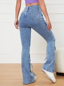 Lace Up Front Flare Leg Jeans - Light Wash - View 2