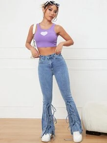 Lace Up Front Flare Leg Jeans - Light Wash - View 3