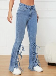Lace Up Front Flare Leg Jeans - Light Wash - View 4