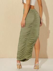Hauture Knot Side Ruched Split Thigh Skirt - Olive Green - View 2