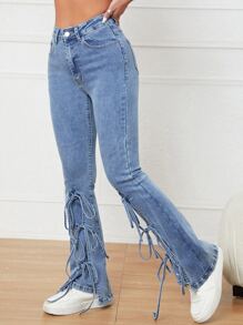 Lace Up Front Flare Leg Jeans - Light Wash - View 6