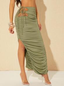 Hauture Knot Side Ruched Split Thigh Skirt - Olive Green - View 4