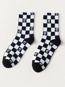 愛心和格子圖案中筒襪 - 黑與白 - 查看 2