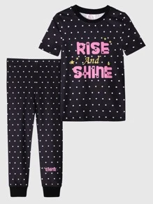 Girls Polka Dot & Letter Graphic Snug Fit PJ Set - Black - View 1