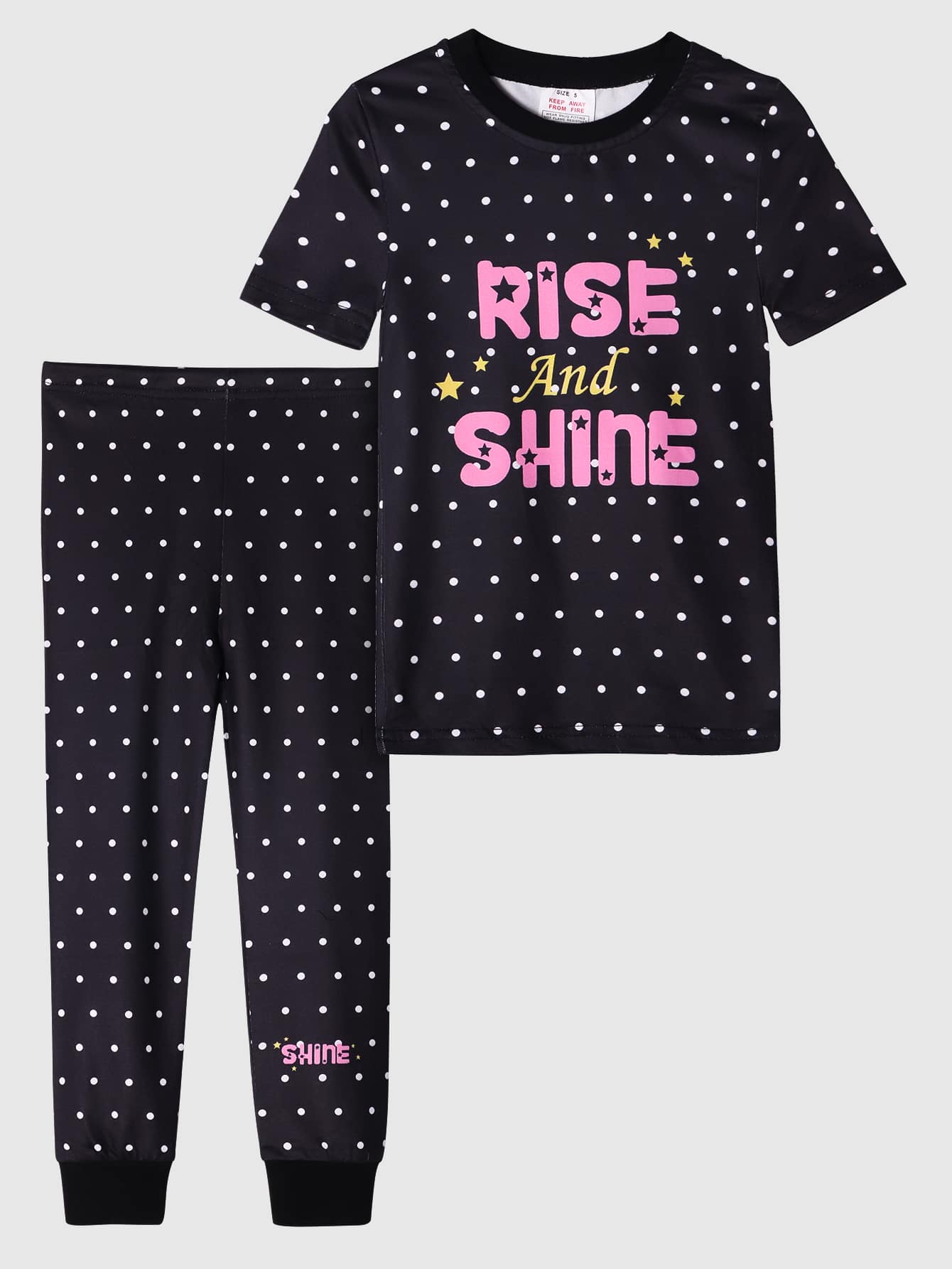 Girls Polka Dot & Letter Graphic Snug Fit PJ Set - Black - View 1