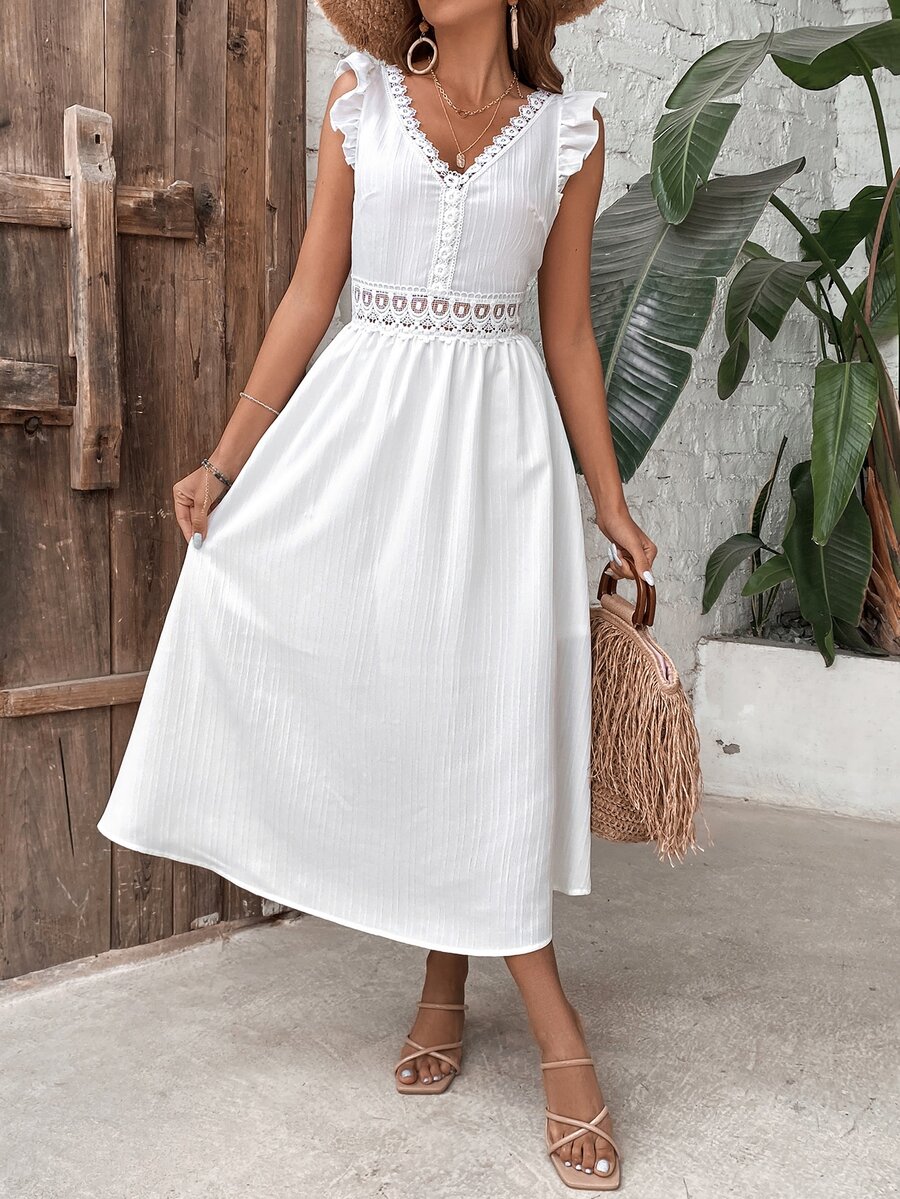 SHEIN VCAY Vestido panel con encaje ribete con fruncido - Blanco - Ver 1