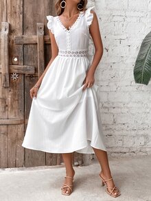 SHEIN VCAY Vestido panel con encaje ribete con fruncido - Blanco - Ver 3