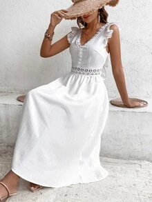 SHEIN VCAY Vestido panel con encaje ribete con fruncido - Blanco - Ver 4