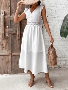 SHEIN VCAY Vestido panel con encaje ribete con fruncido - Blanco - Ver 5