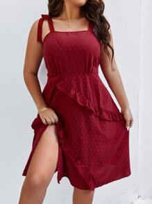 SHEIN Holidaya Plus Swiss Dot Tie Shoulder Ruffle Trim Cami Dress - Burgundy - View 1